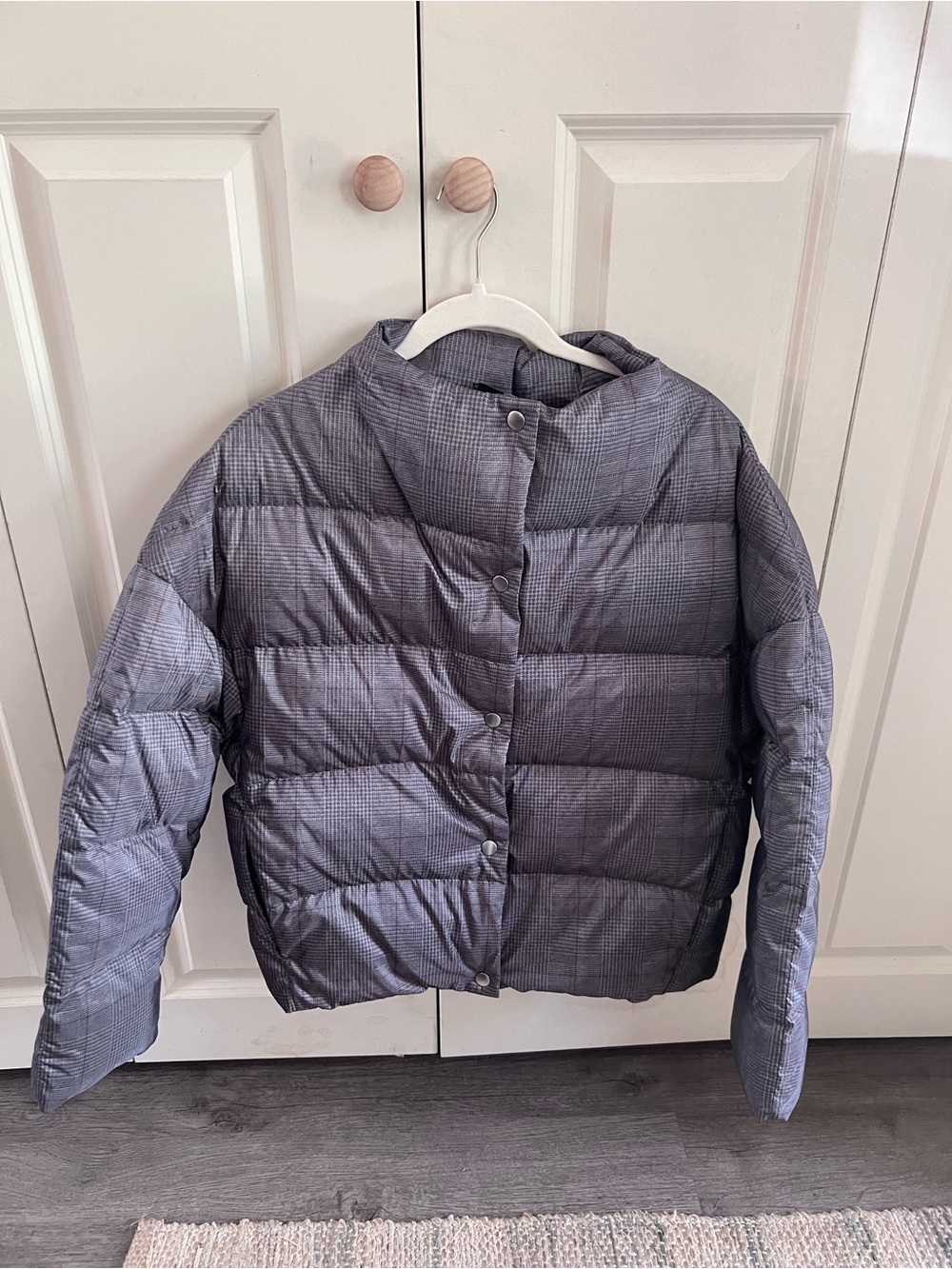 Theory Gray Plaid Puffer Jacket